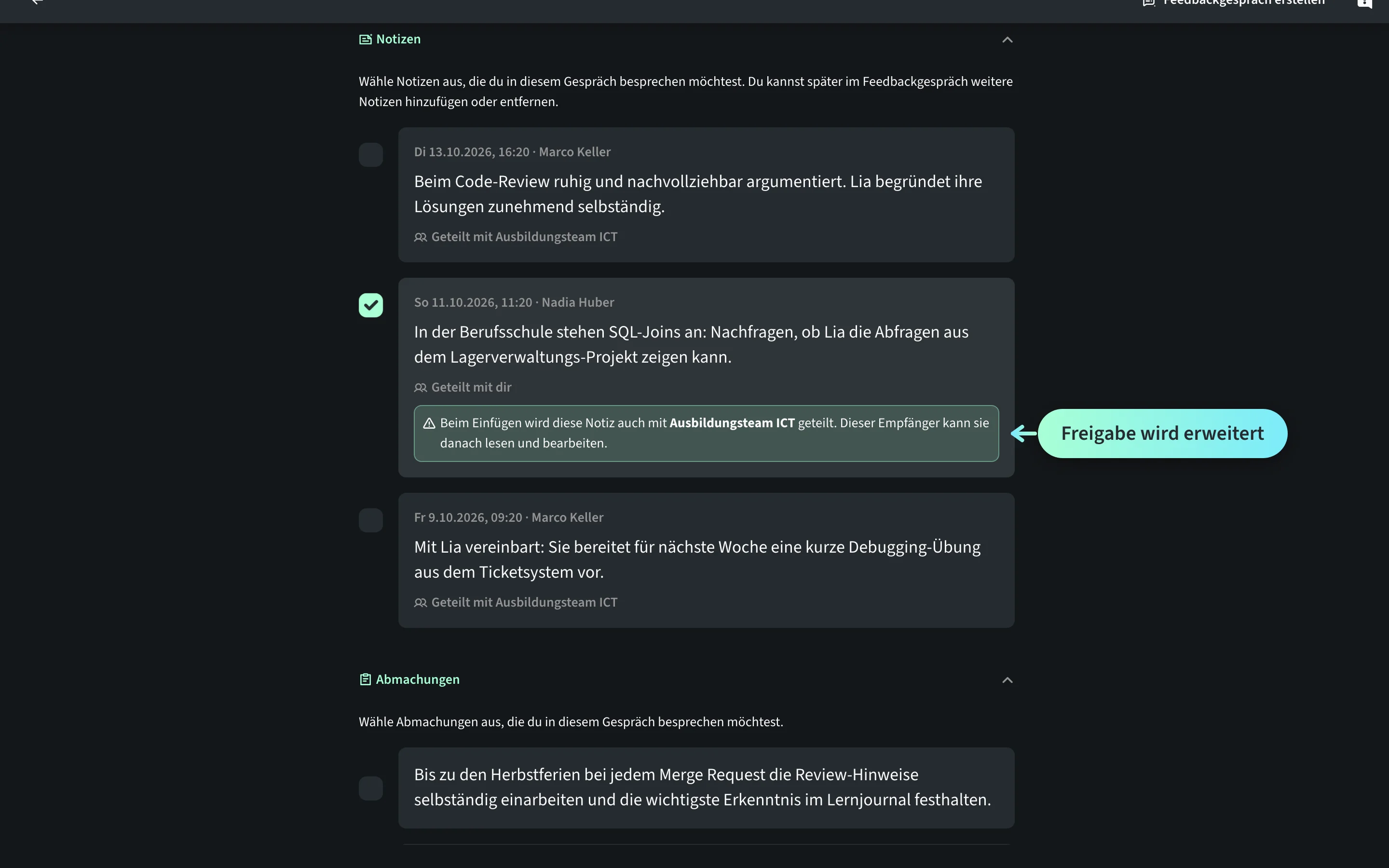 Sektion «Notizen» bei der Gesprächsvorbereitung: Marco Keller hakt eine Notiz von Nadia Huber an, die nur mit ihm geteilt ist. Darunter meldet die App «Beim Einfügen wird diese Notiz auch mit Ausbildungsteam ICT geteilt. Dieser Empfänger kann sie danach lesen und bearbeiten.», ein Label sagt «Freigabe wird erweitert».